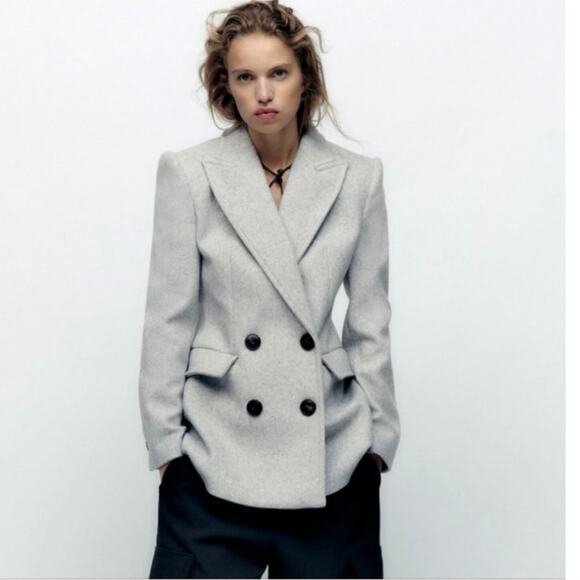 Zara Jacket Womens Medium Long Sleeve Shawl Lapel Double Breasted Blazer Gray - Picture 1 of 12